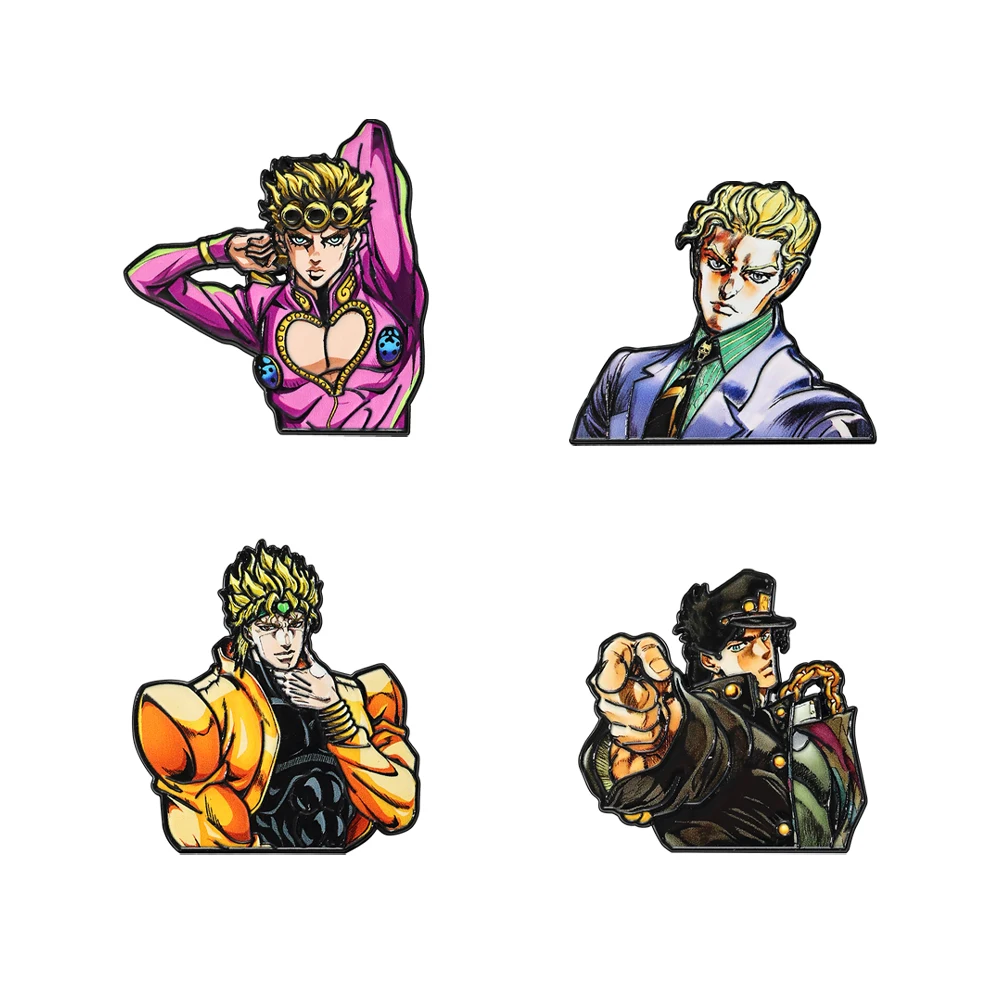 4pcs JoJos Bizarre Adventure Enamel Brooch Set Cartoon Character Giorno Kira Dio Jotaro Metal Badge for Backpack Accessory