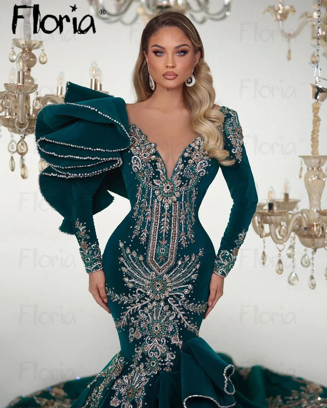 Floria Long Sleeve Mermaid Prom Dresses Embroidery Vestidos De Gala Duabi Women Formal Occasion Dresses Heavy Beading فساتبن سهر