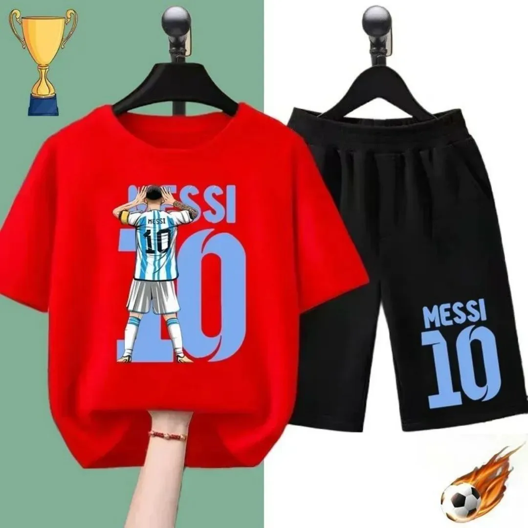 2025 Summer Children's T-shirt Football Star Messi Printed Sports Boys and Girls Casual Short sleeved Shorts Fashion Black Shirt