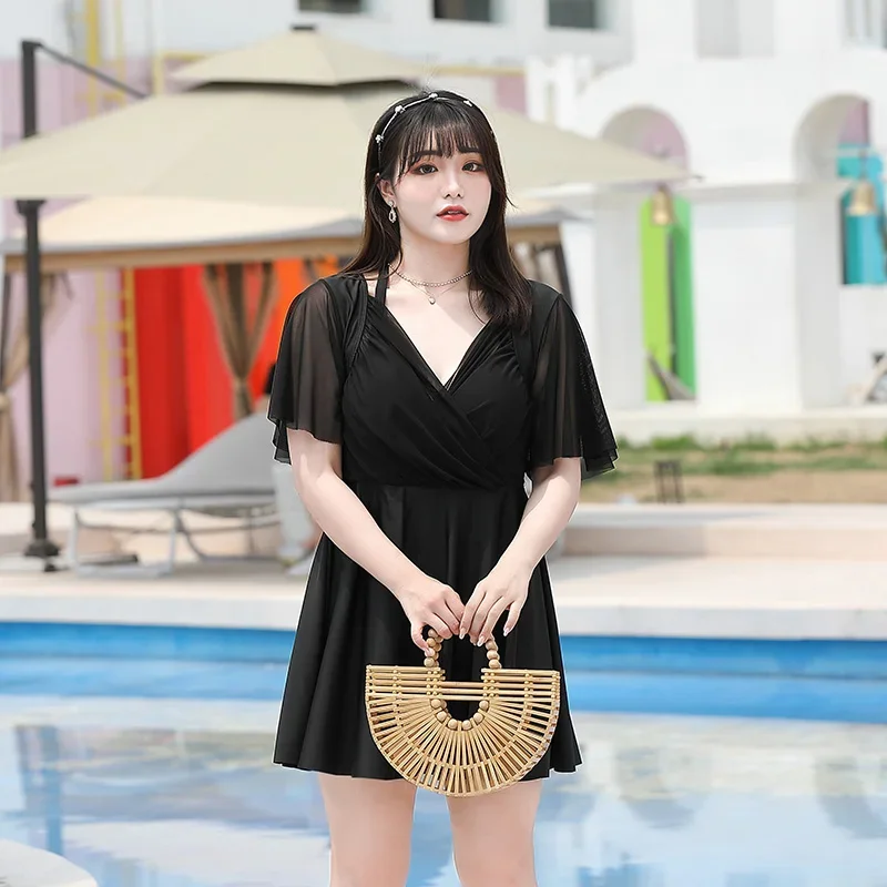 Large Size Swimwear Women Swimming Costume Plus One Piece Swimsuit with Boyshort Skirted Underwear Black Bathing Suits Swimdress