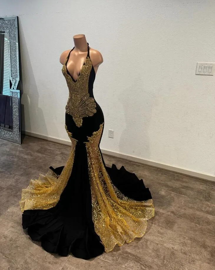 

Black Gold Long Prom Dresses for Black Girl Luxury Diamond Gillter African Halter Sexy Birthday Gala Evening Dress customsized