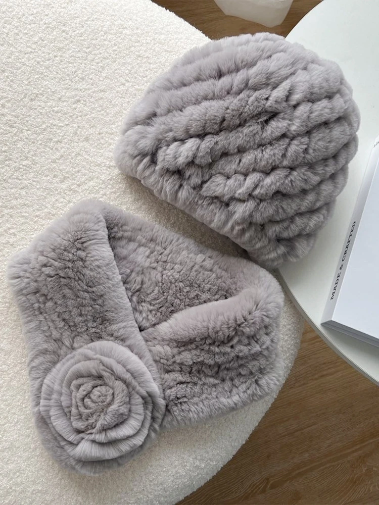 thiened-knitted-rabbit-fur-scarf-hat-two-piece-set-for-women-winter-warm-elastic-bandage-sle-faionable-fur-accories