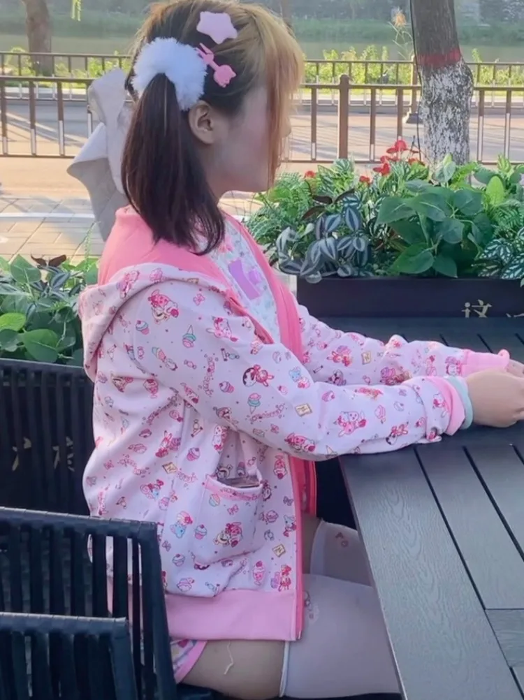 Felpe con cappuccio con stampa di coniglio simpatico cartone animato giapponese Kawaii da donna Felpe con cappuccio Casual Grunge Lolita Giacca con cappuccio rosa preppy causale