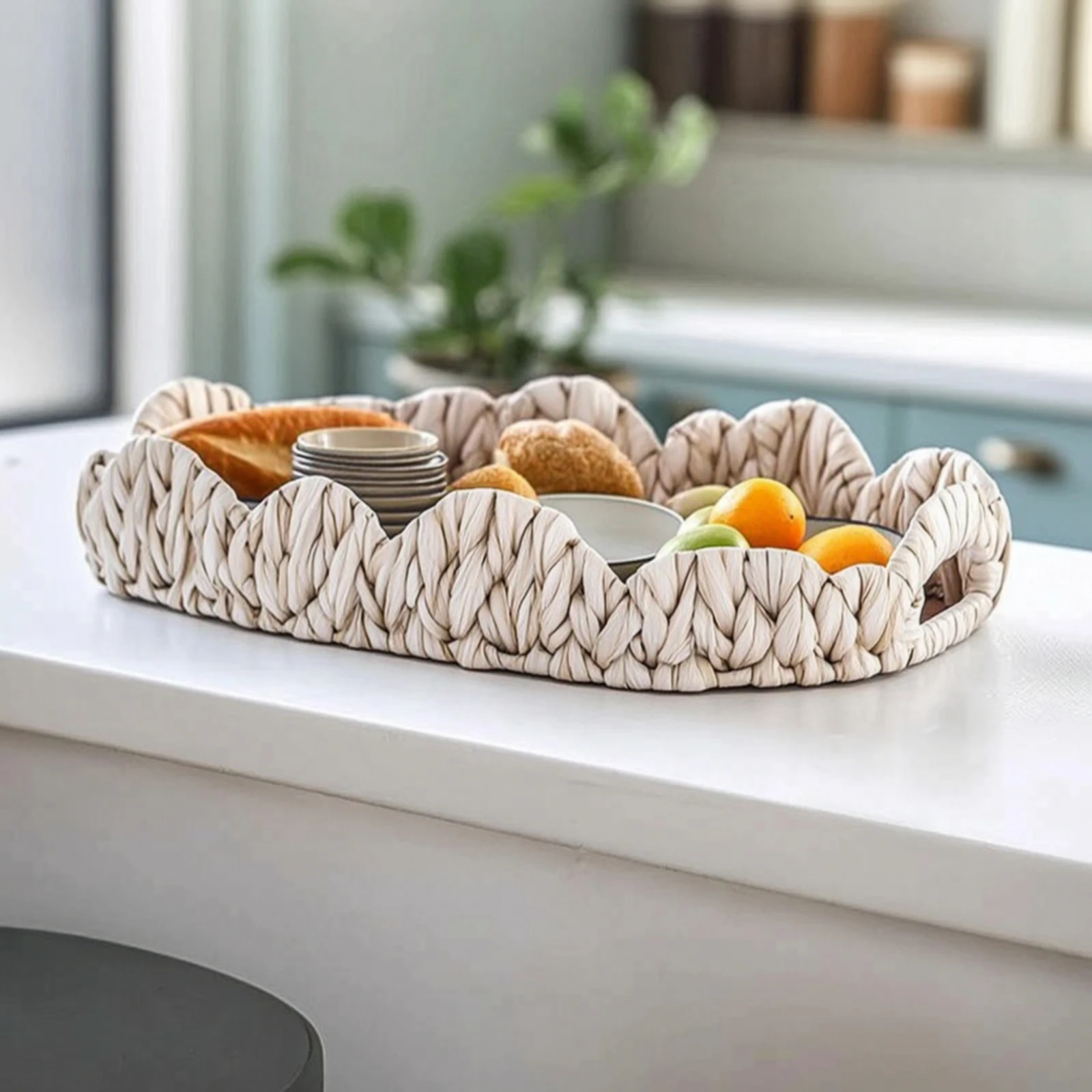 Woven Tray Basket Oval Woven Tray with Handles Basket with Handles Low-Height Elegant for Tabletop Organization, Coffee Table