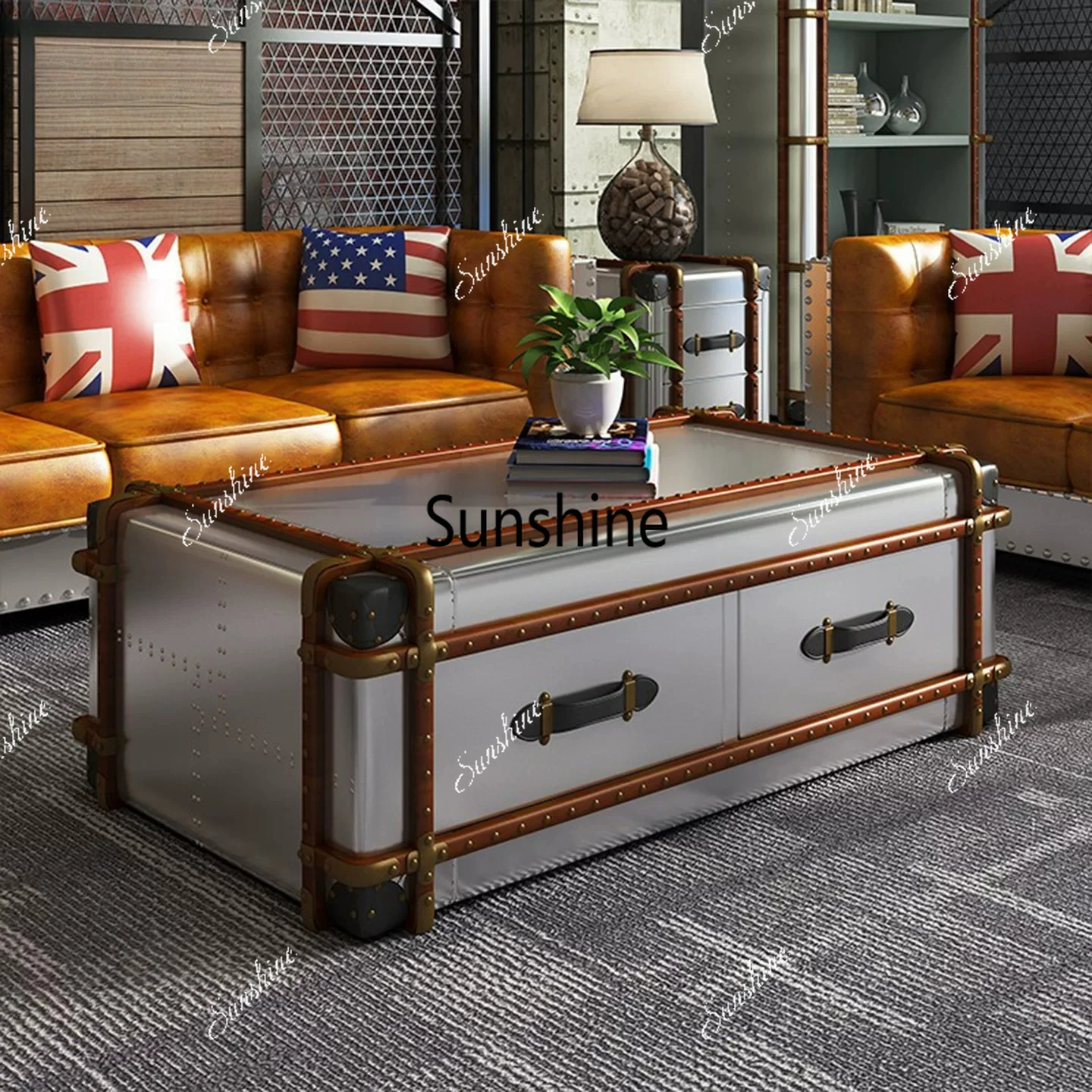 

American retro industrial style coffee table metal aluminum leather simple tea table