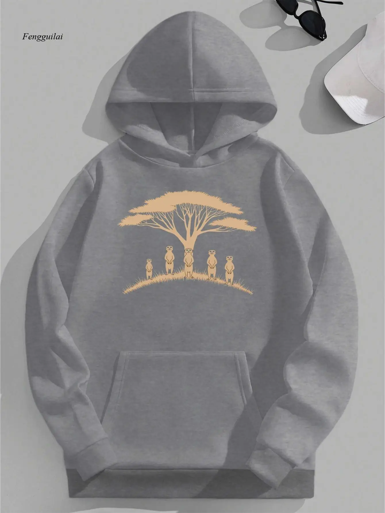 

Толстовка с капюшоном с принтом Meerkat & Acacia Tree — свободная повседневная зимняя толстовка с карманом Meerkat