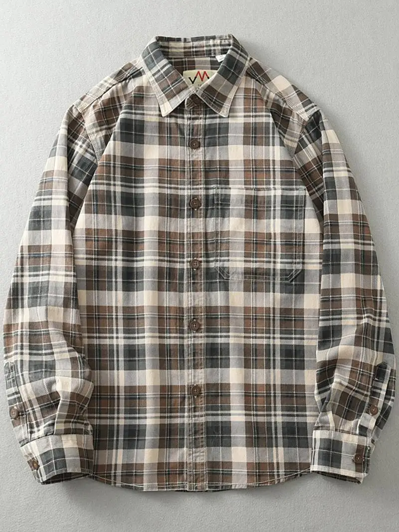 Spring And Autumn New American Retro Long-Sleeve Lapel  Cargo Plaid Shirt Men\'s Fashion Pure Cotton Washed Casual Blouses