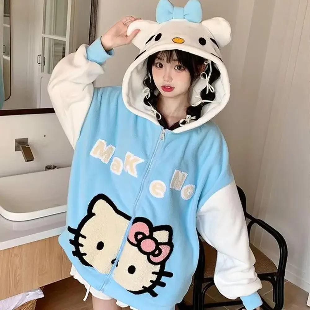 أنيمي مرحبا كيتي المرأة رشاقته معطف امبسوول Kawaii الشتاء القطبية الصوف الدافئة المرأة سترة مقنعين القمم فضفاضة لطيف الحلو هدية