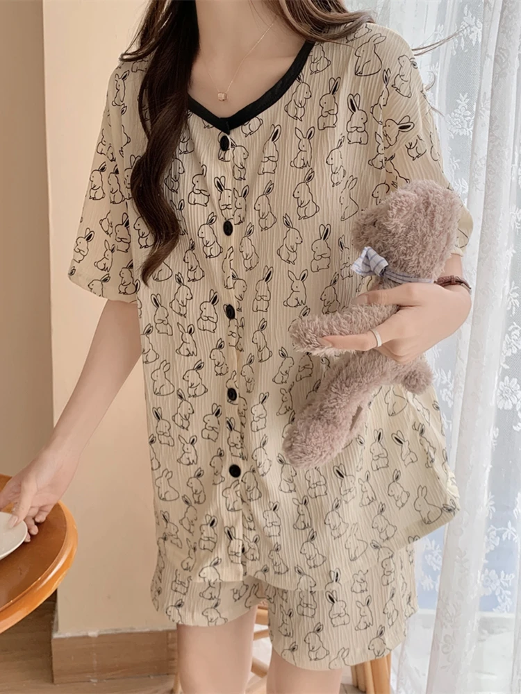 Cute Rabbit Sleepwear Women's Short Sleeve Shorts Sweet Girl Nightgown Home Clothes Summer Set Cartoon Print round Neck Pullover