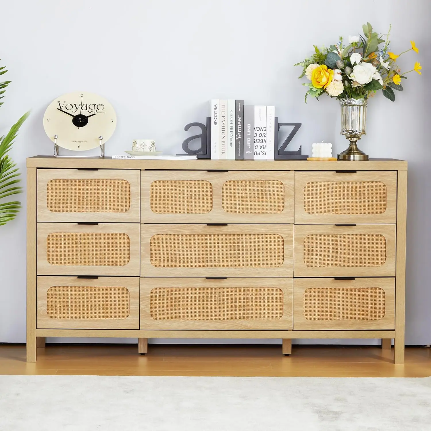 9 Drawer Dresser for Bedroom, Rattan Dressers & Chest of Drawers, Large 58