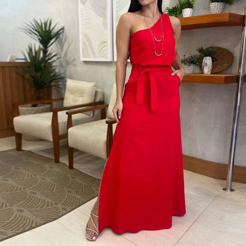Two Piece Skirt Sets Women One Shoulder Tops High Waist Lace Up Splice Long Skirts A Line Sleeveless Office Lady Spring