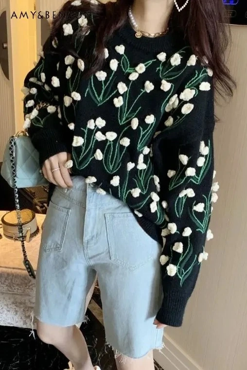 

Women's Loose Outer Wear Sweater New Spring and Autumn Black Three-Dimensional Flower Heavy Industry Pullover Sweater Ladies