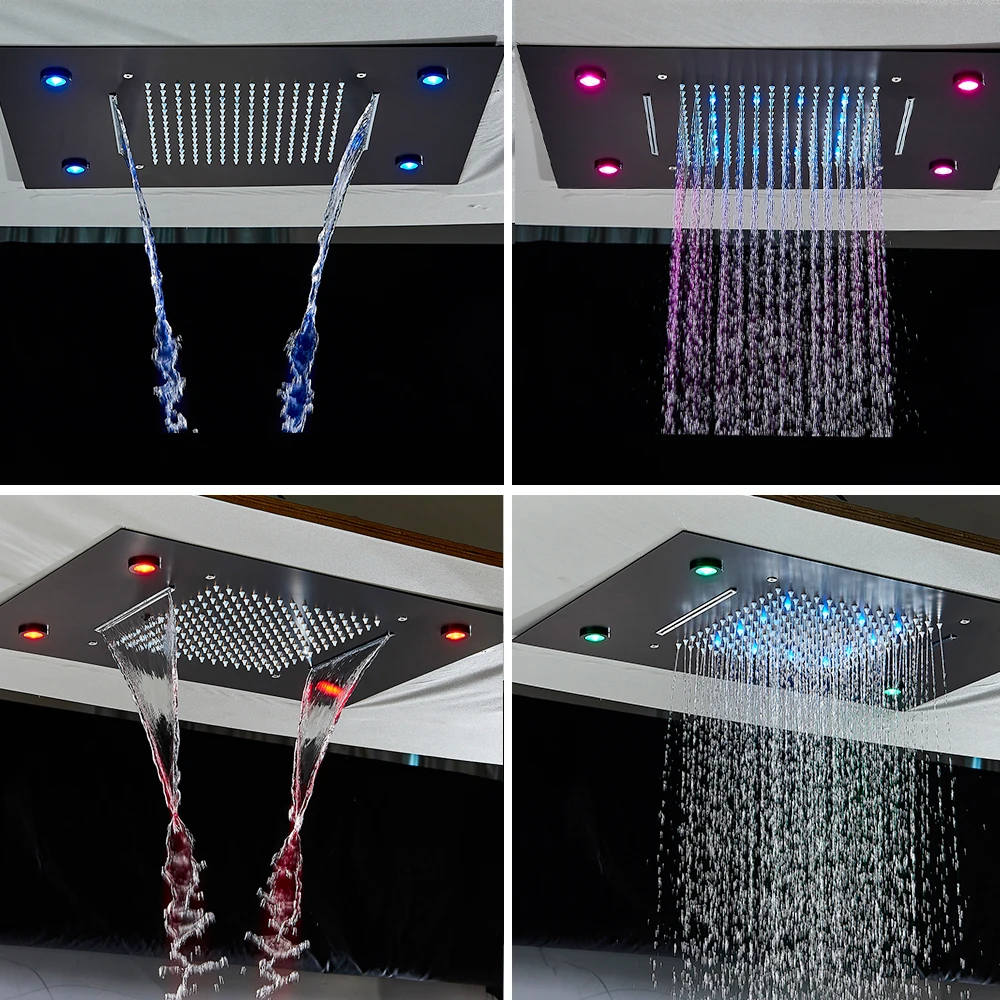 Black LED Thermostatic Bathroom Shower Faucet Set Rain Waterfall Bathtub Shower System Remote Control Colors Ceiling Mounted