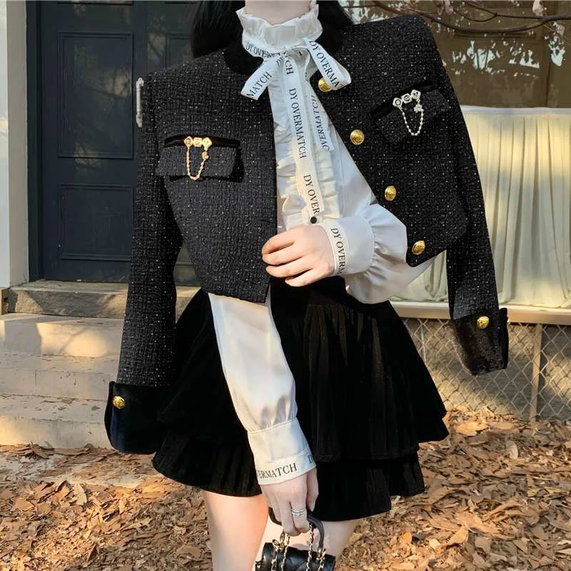 Women Two Piece Outfits 2024 Spring Autumn Vintage Fashion Elegant Luxury Coat Tweed Chic Slim Jacket Sexy High Waist Mini Skirt