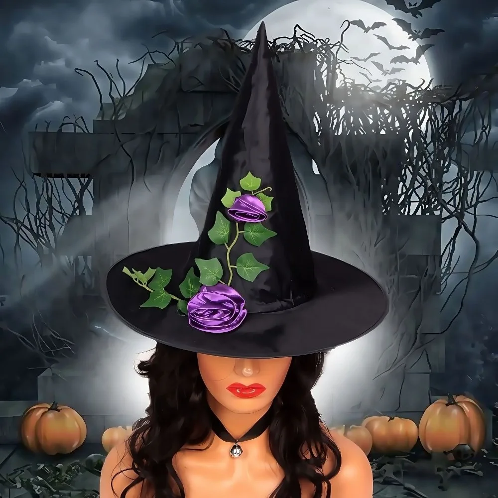 

Lace Veil Halloween Witch Hat Foldable Party Props Flower Wizard Cap Rose Cosplay Accessories Feather Halloween Cap Children