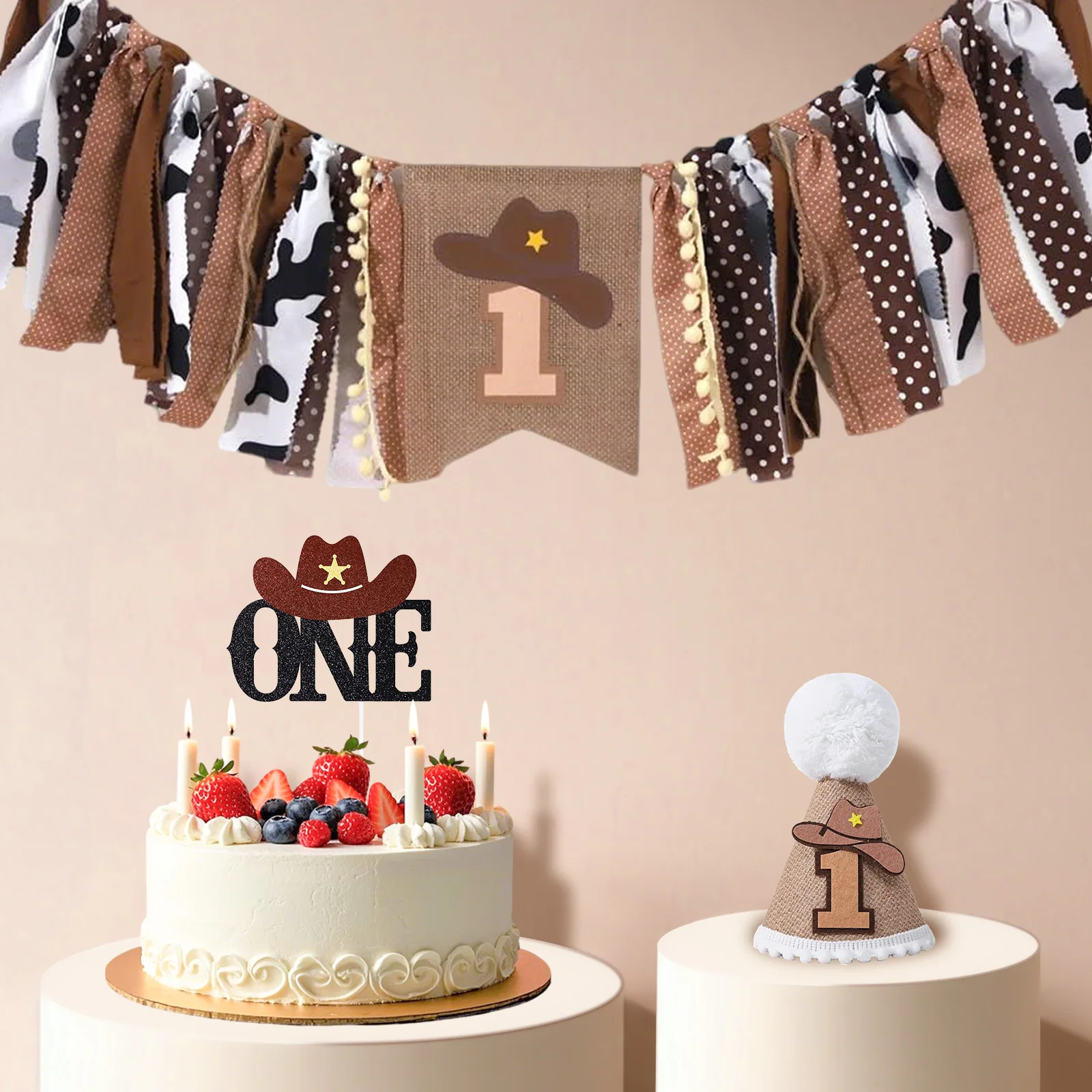 Cowboy 1. Geburtstag Dekorationen 1. Geburtstag Party Hut Erster Geburtstag Hochstuhl Banner 1. Geburtstag Kuchen Topper 1. Geburtstag D