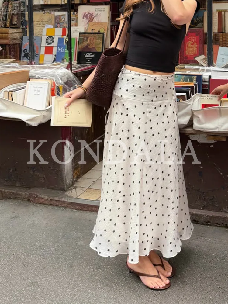 Women's Trendy Elegant Lace-up Midi Skirt KONDALA 2026 Summer Holiday Street Style Polka Dot Skirt Female Leisure Fashion Skirts