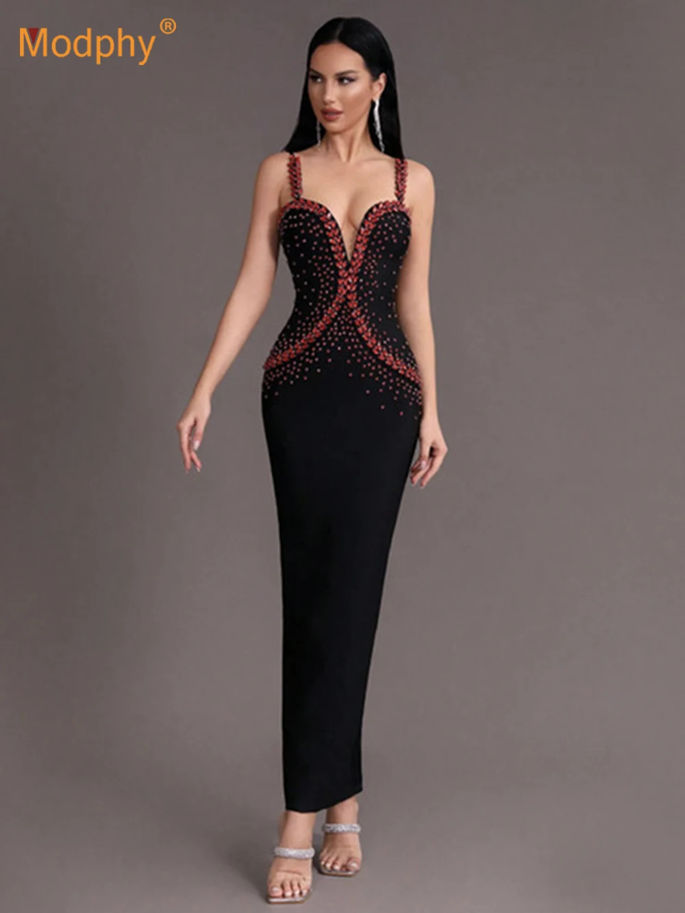 

Modphy Women Luxury Diamond Spaghetti Strap Backless Design Celebrity Cocktail Party Black Sleeveless Sexy Maxi Bandage Dress