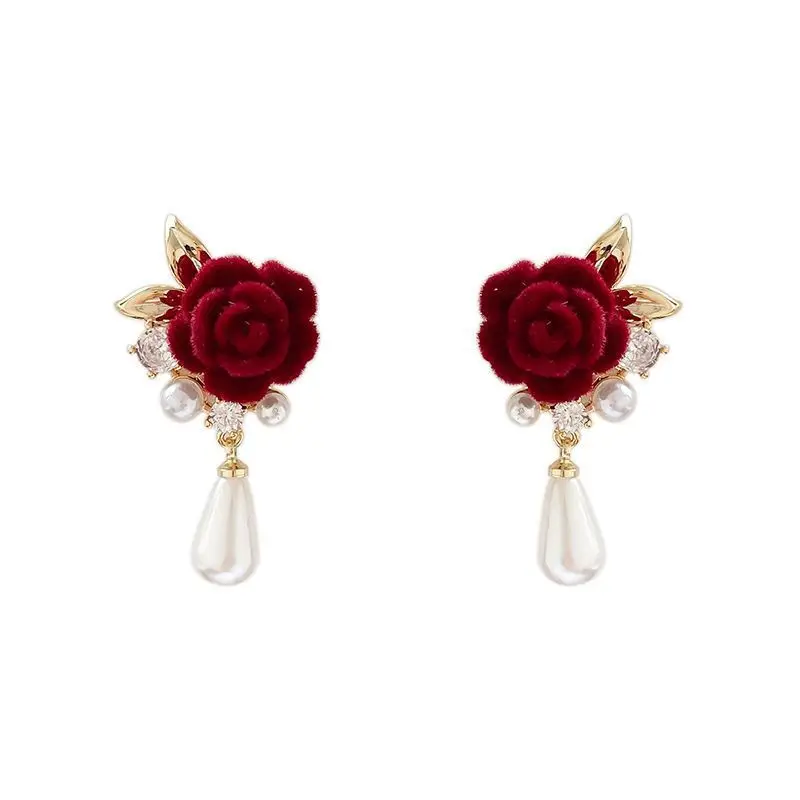 Elegant Red Rose Flower Earrings for Women Pearl Pendant Earring Bridal Wedding Engagement Jewelry New Year Gift