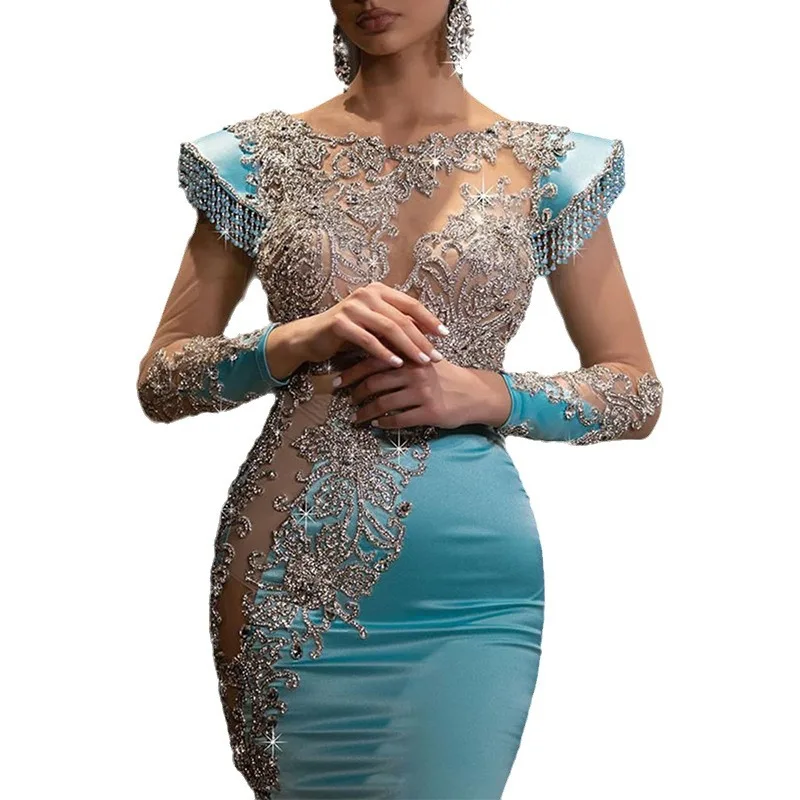 2024 new daily light blue fishtail gonna banchetto lungo alluvionale gold series dimagrante temperamento annuale party evening dress women