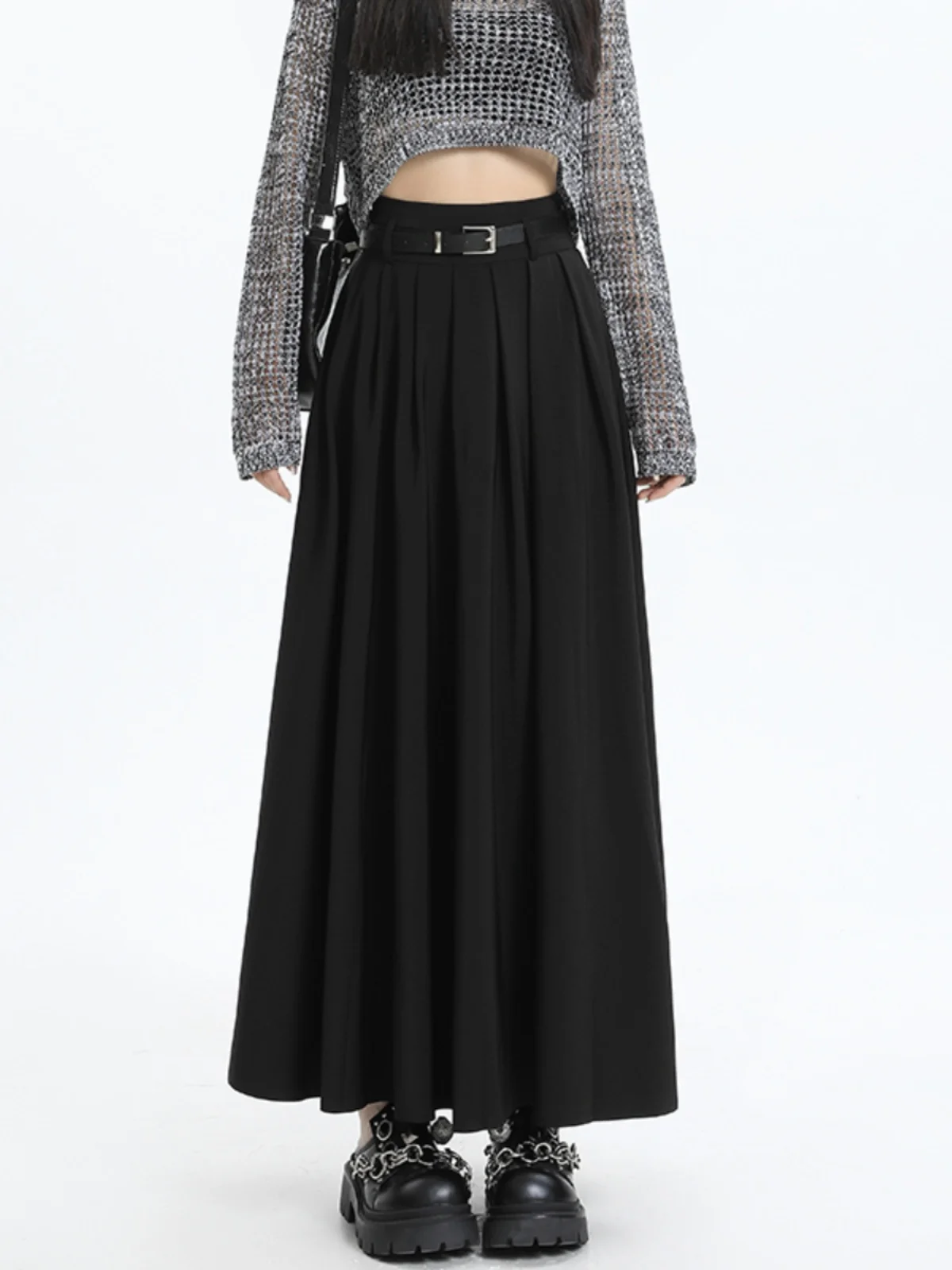 Rok Wanita Musim Semi Gugur Ukuran Kecil Pinggang Tinggi Model A-Line Slim Lipit Rok Panjang dengan Kelim Lebar