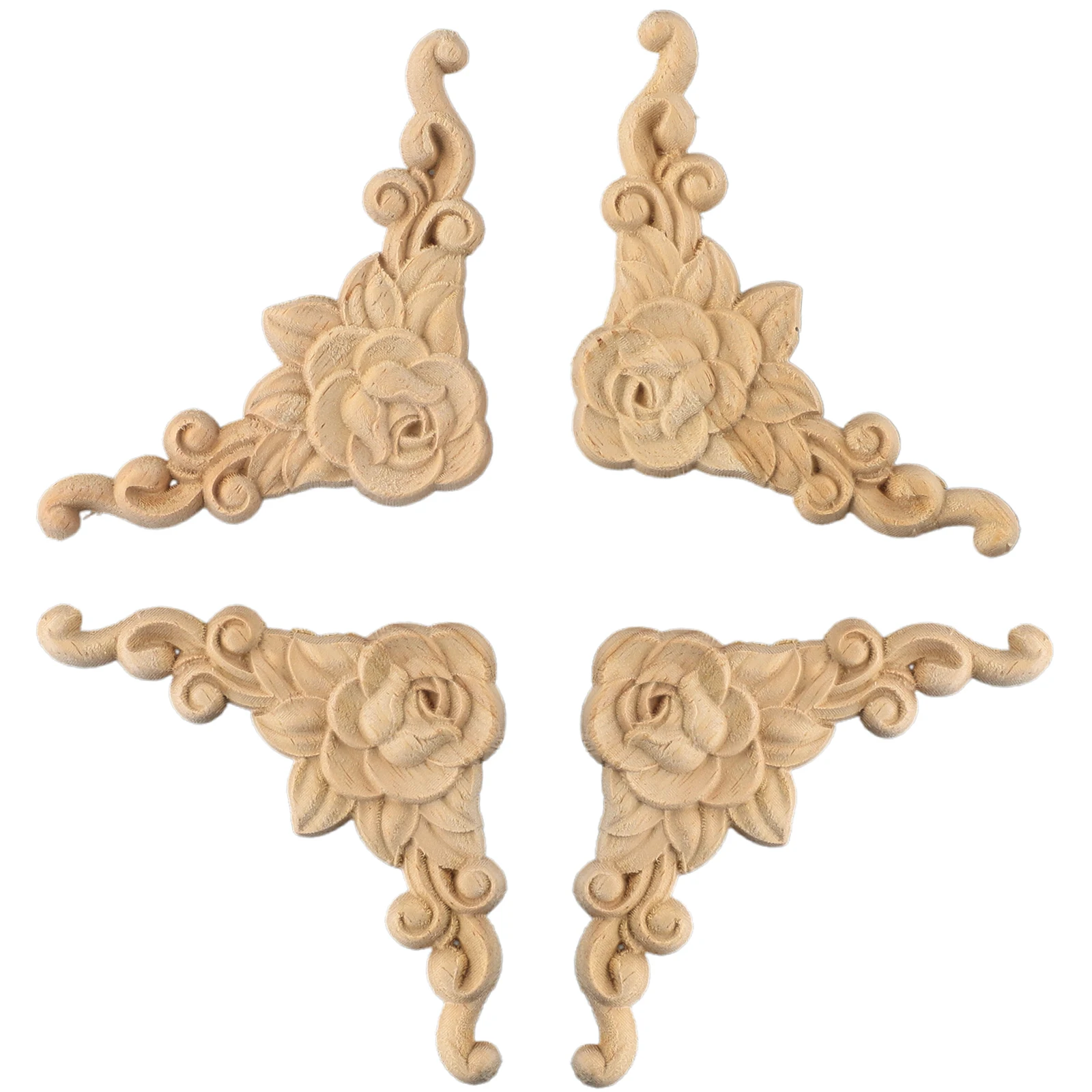 4pcs Unique Natural Floral Wood Carved Wooden Figurines Craft Corner Applique Frame Wall Door Furniture Woodcarving Decoration