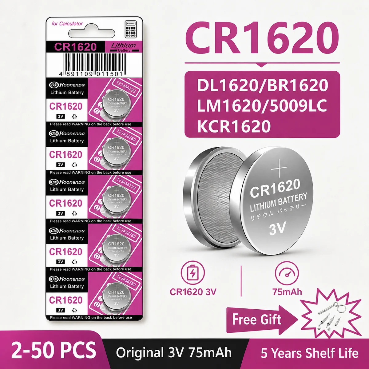 

Lithium Coin Cell Battery CR1620 3V Button Battery DL1620 BR1620 For Watch Scale Shaver Car Audio Speaker Stable Power Daily Use