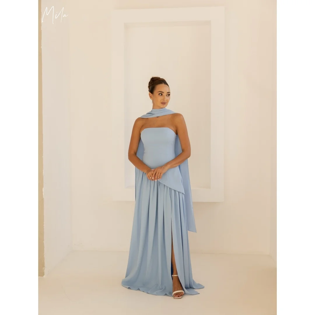 

Mila Women Light Blue Strapless Cape Gown Prom Dresses Slit Hem Customized Formal Evening vestidos de gala for Wedding Guest