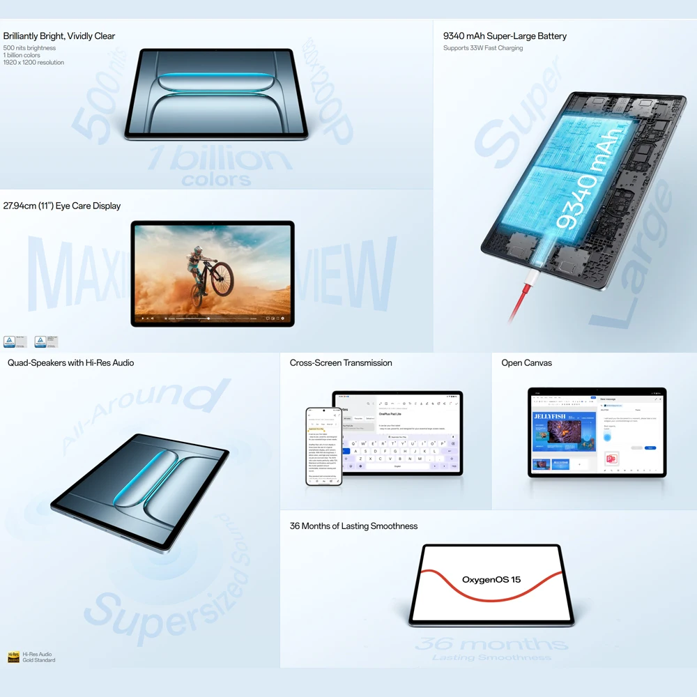 Tablet OnePlus Pad Lite de 11 Pulgadas con Pantalla de 90Hz para Cuidado de la Vista, Batería Súper Grande de 9340 mAh y MediaTek Helio G100 4