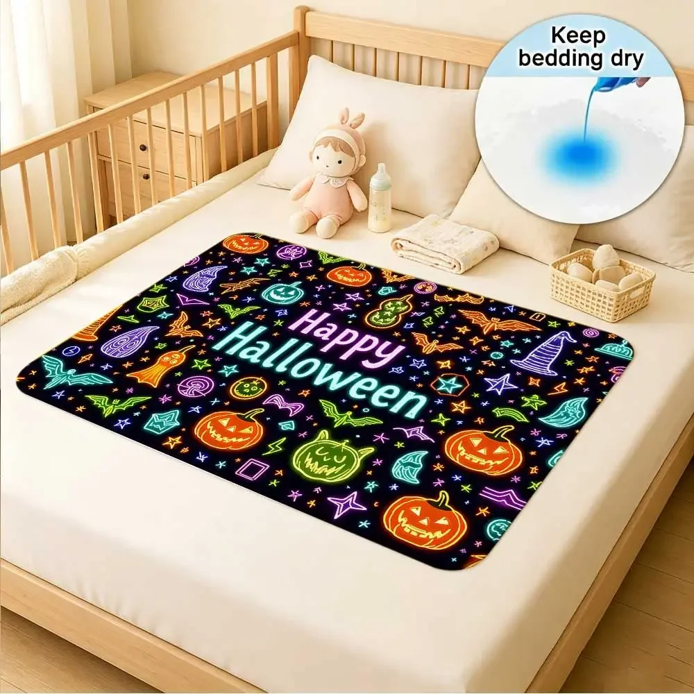 Washable & Reusable Care Urine Pad, Halloween Themed Neon Icons On Black Background, Incontinence Bed Pad for Adults & Elderly
