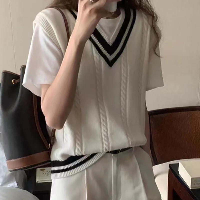 ITOOLIN Women Patchwork V-neck Knit Sweater Vest Sleeveless Rib Preppy Style Pullover Sweater Vest For Women 2025 Autumn Winter