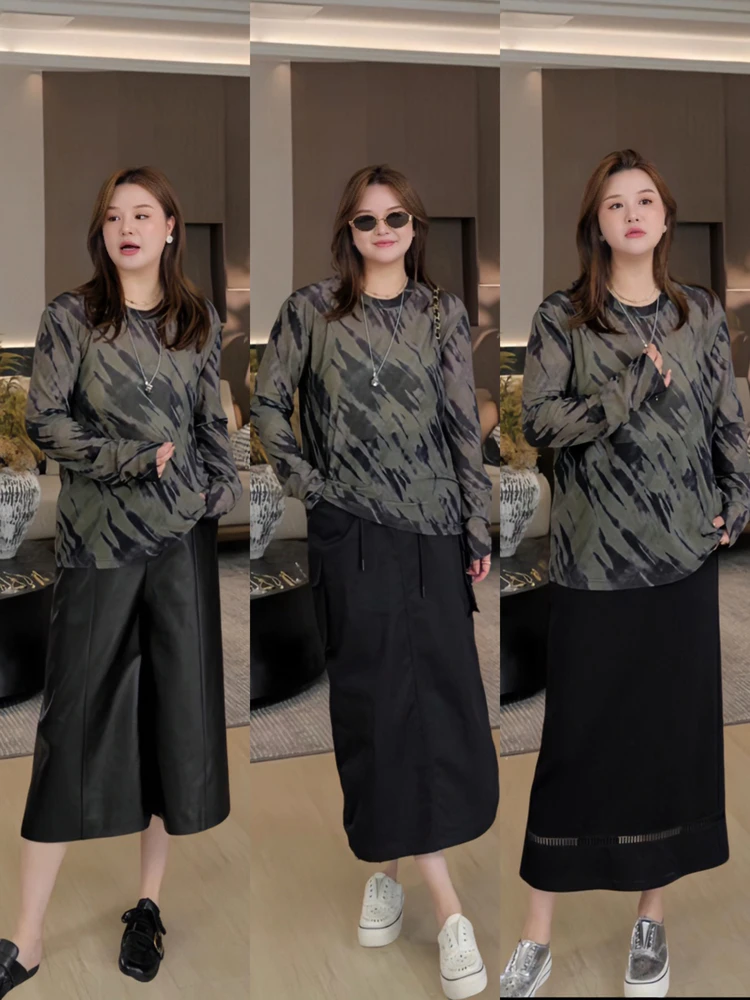 

Свободная камуфляжная полосатая длинная футболка све с окрашенным принтом, повседневная женская футболка больших размеров, дышащий топ из полиэфирного волокна