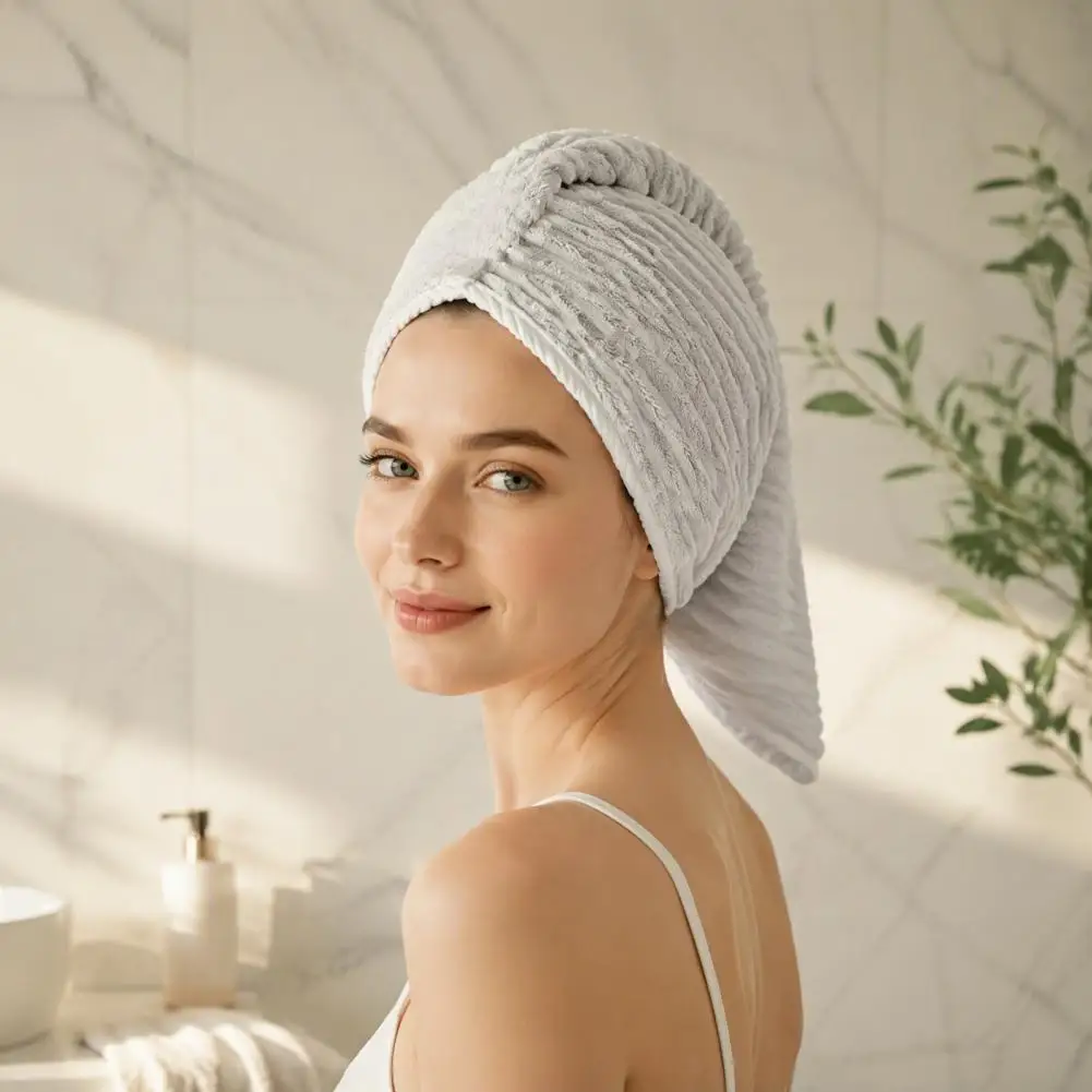 Lightweight Shower Hair Fleece Hair Towel Wrap with Button Quick Dry Absorbent Turban Thick Hair Drying Cap for Long Curly