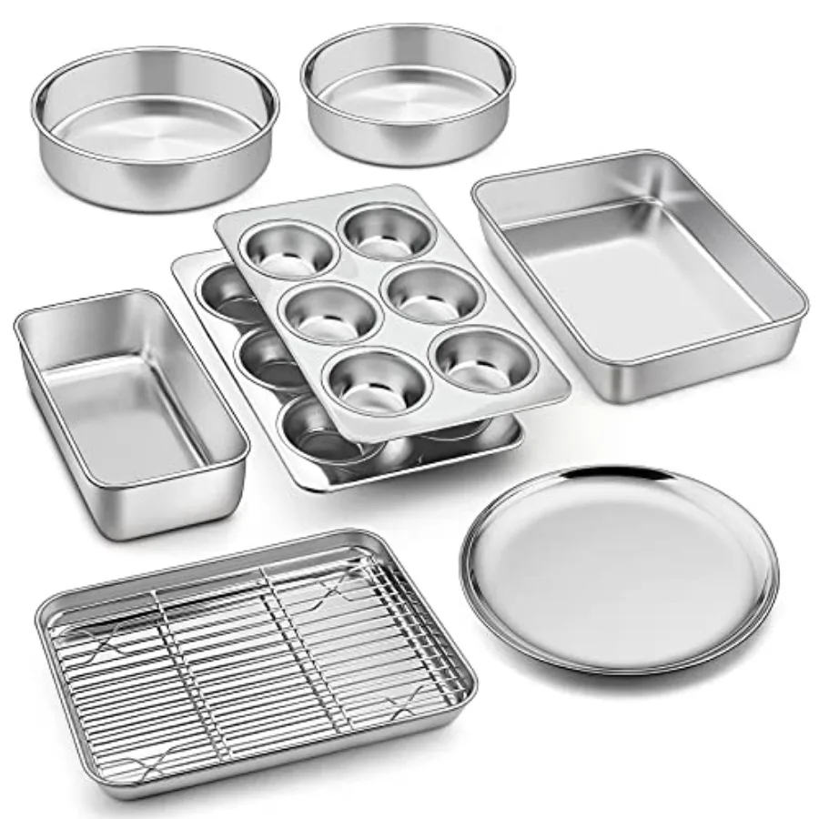 

9 Pcs Bakeware Set PandP CHEF Stainless Steel Kitchen Bakeware Pans Including Toaster Oven Pan Cooling Rack Lasagna Pan Round C