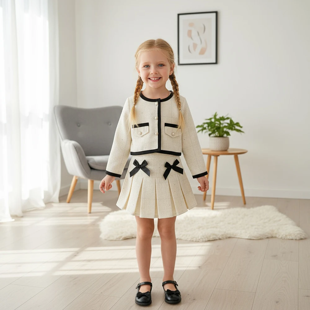 

Kids Girls Clothes Fall Tweed Bow-Knot 2-Piece Set – Classic Style Crop Jacket + Pleated Skirt Suit, Kids Elegant Party Outfits