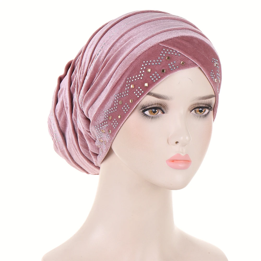 Muslim Turban Caps Gold Velvet Inner Hijabs For Women With Drill Ethnic Islamic Wrap Head Turbante Ready To Wear Hijab Bonnet