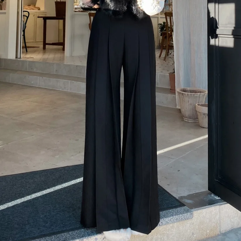 Casual Pants Spring 2025 Niche Simple High Waisted Pleated Design Hanging Straight Tube Loose Wide Leg Floor Length Pants Women