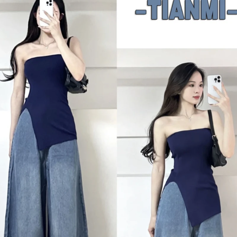 Summer Gentle Wear Women 2024 New Korean Version Breast Wrap Top High-waist Wide-leg Jeans Trousers Two-piece Set Loose Pants