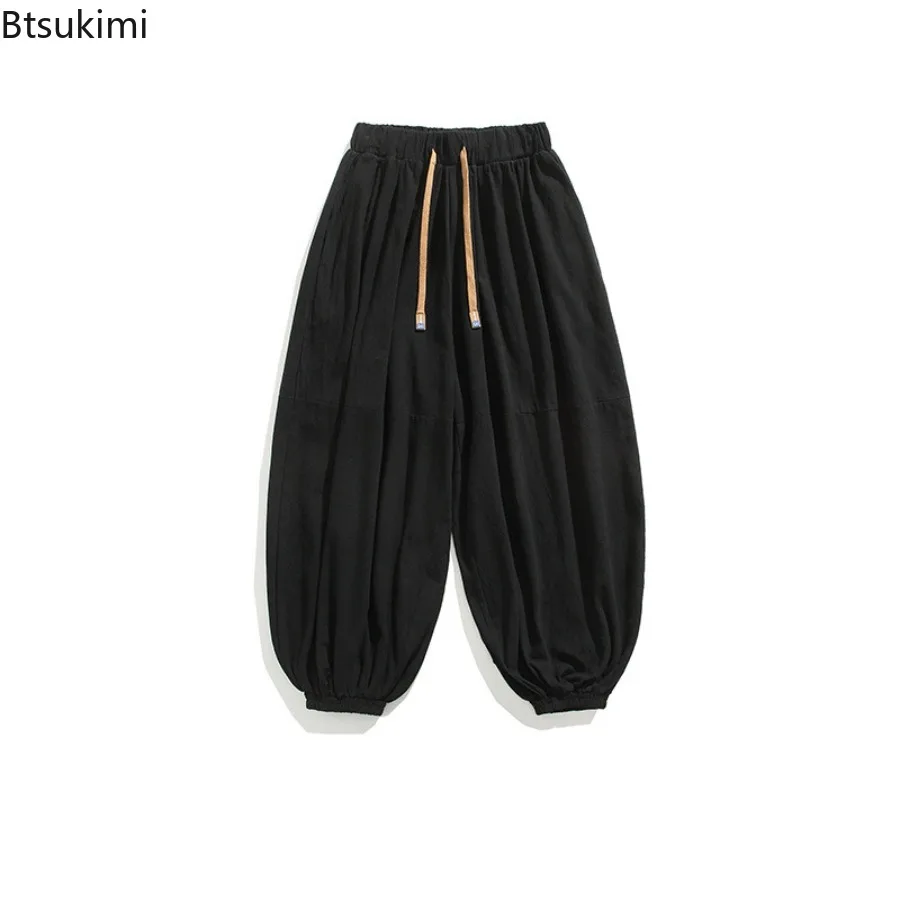 Men's Chinese Style Black Elastic Waist Harem Trousers Spring and Summer Casual Loose Cotton Linen Lantern Pants Male Clothing