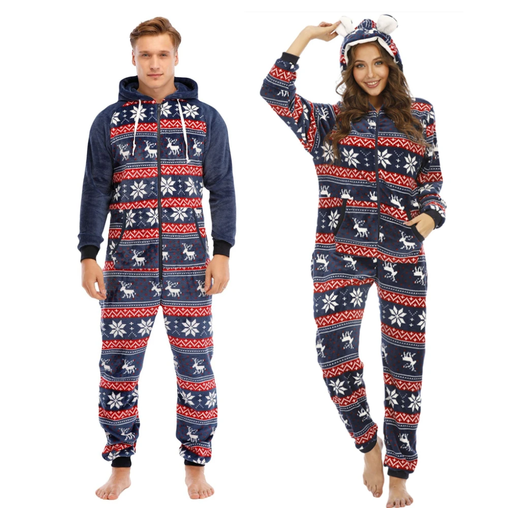 Women Hooded Onesies Flannel Zipper Pajamas Warm Soft Overall Onepiece Christmas Elk Print Jumpsuit Women\'s Winter Underwear 2XL