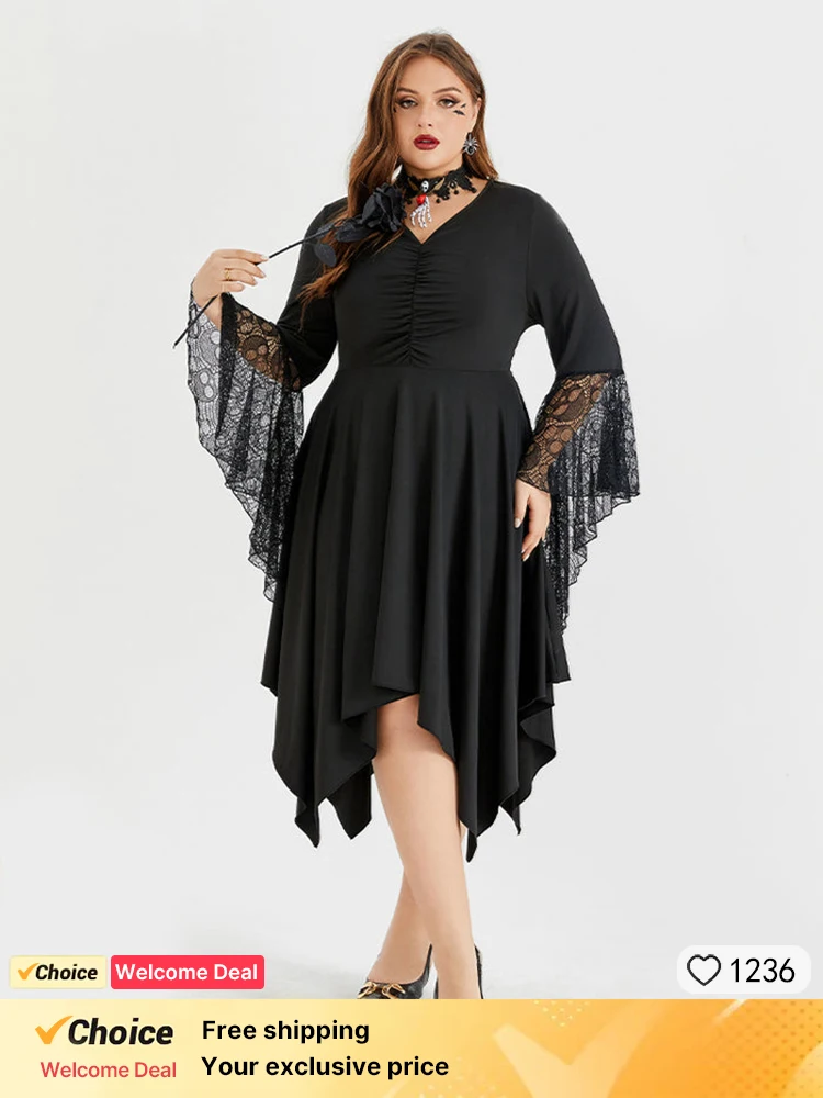 

Plus Sized Clothing Cosplay Costume Witch Vampire Gothic Dress Up Party Halloween Skeleton Lace Asymmetrical Hem Midi Dress