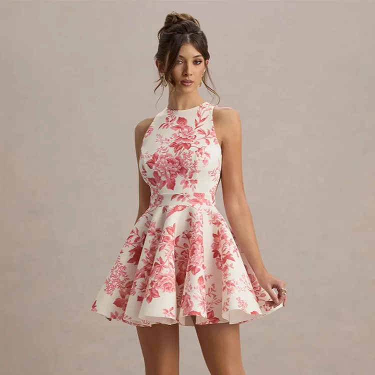 

2026 Women's Clothing Summer New Fashion Temperament Printed Halter Strap Waist Thin Dress