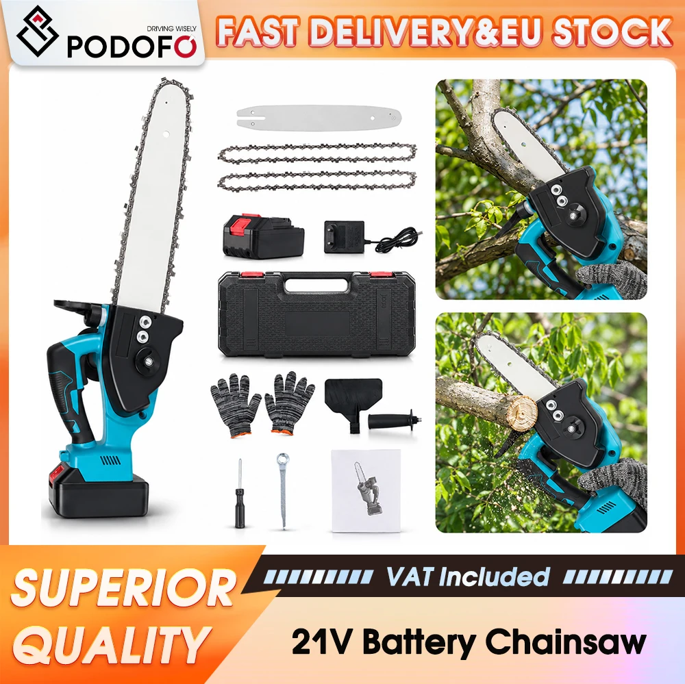 Podofo, motosega elettrica a batteria da 12 pollici con motore brushless, compatibile con batterie da 21 V, 1600 giri/min, motosega ad alta efficienza per il taglio di legno e bambù.