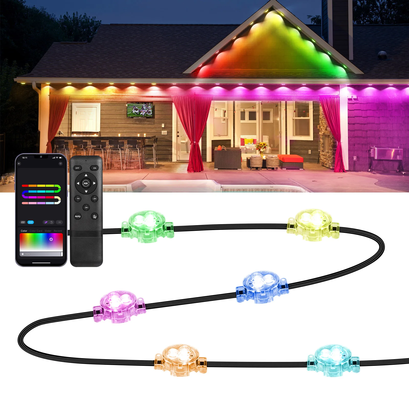 FVTLED Permanent Outdoor Lights, 50ft WiFi Smart Dynamic RGB+WW Multi-Color Outdoor Lights, IP65 Waterproof 36 LED Eaves Lights