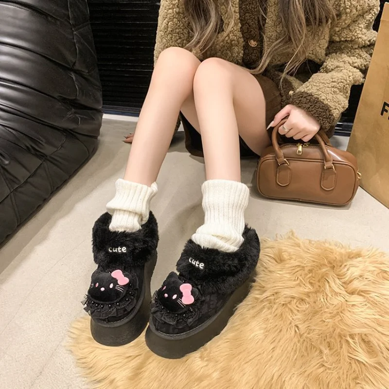 Sanrio winter Hello Kitty cute warm fashion women's shoes cartoon leopard print heightening non-slip plush high-top cotton shoes