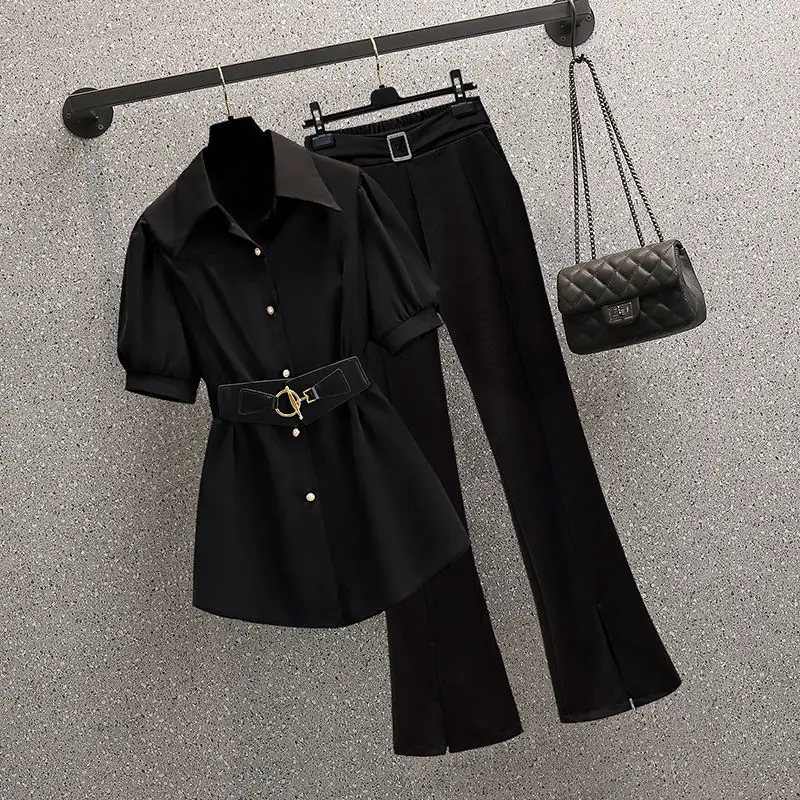 2022 Large Summer Korean Style Fashion Lapel Medium Length Shirt Casual Micro Flare Pants Two Piece Sets Womens Outifits