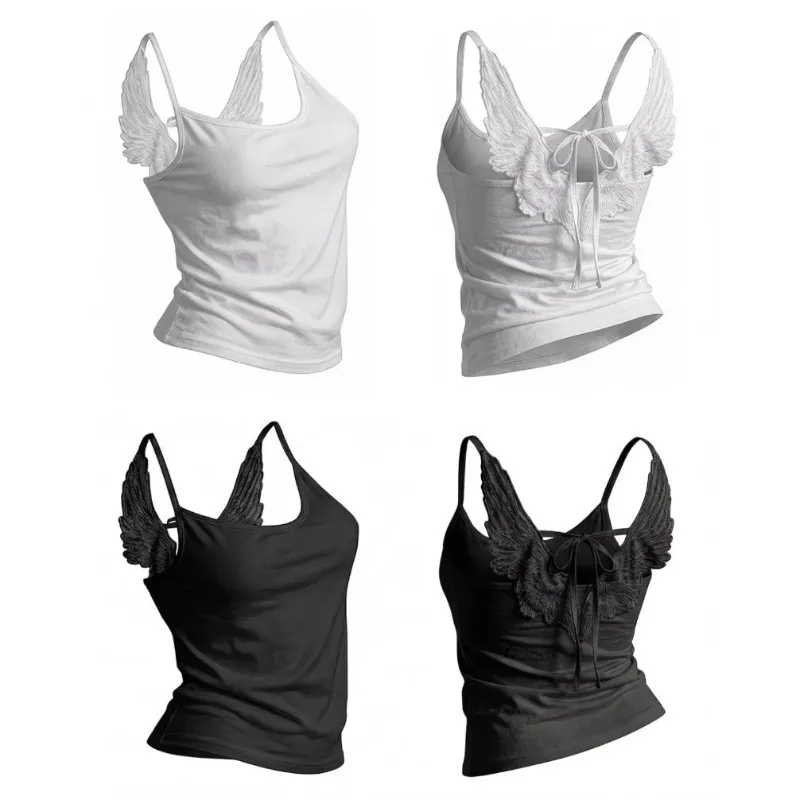 Angel Wings 3D Embossed Embroidery Vest Y2K Spaghetti Strap Women's Gothic Fashion Summer Sexy Backless Short Top
