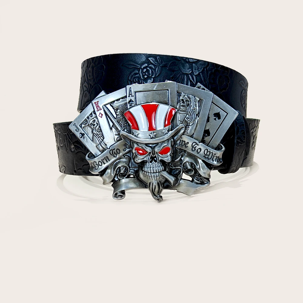 اكسسوارات القوطية حزام جلد PU للرجال والنساء الجمجمة مشبك هالوين تأثيري الديكور الأزهار محفورة حزام للجينز #4