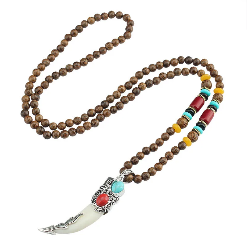 Handmade Nepal Buddhist Mala Wood Beads Pendant Necklace Boho Hippie Style Ethnic wolf tooth Pendant Men Women Lucky Jewelry