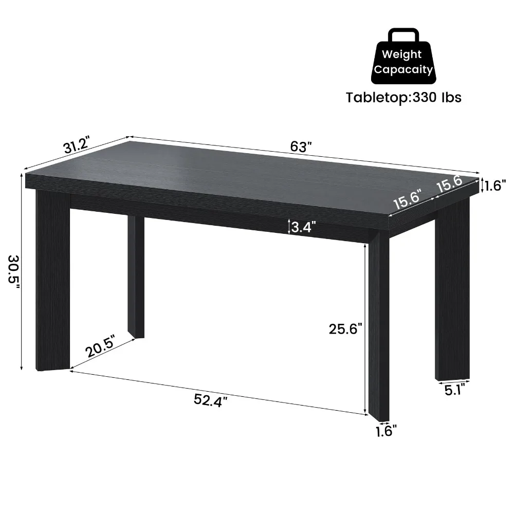 63 Inch Dining Table for 6, Indoor Outdoor Dining Table with Wood Legs, Kitchen Table with Large Tabletop, Rectangular